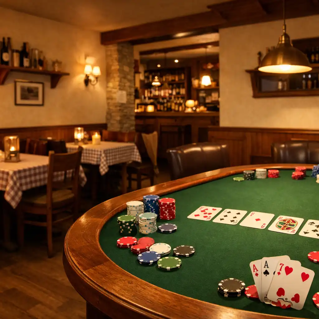 Interiér útulné restaurace s pokerovým stolem, kartami a žetony v pozadí