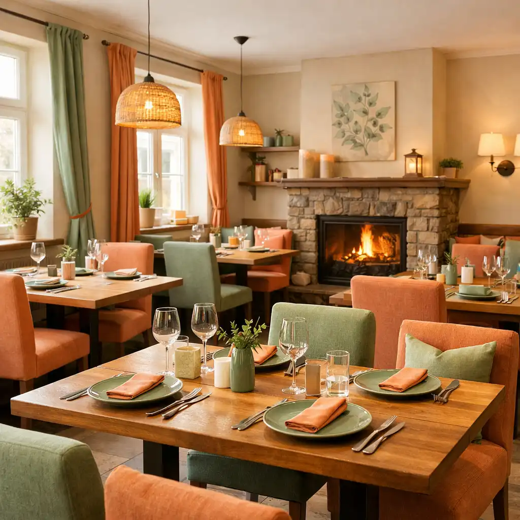 Útulný interiér restaurace Lahodný Domek s dřevěnými stoly, čalouněnými židlemi a teplým osvětlením