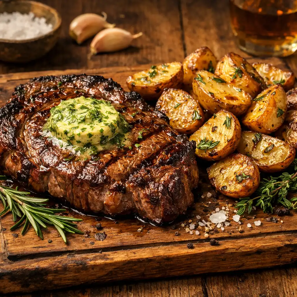 Hovězí steak z vyzrálého masa s bylinkovým máslem a pečenými bramborami