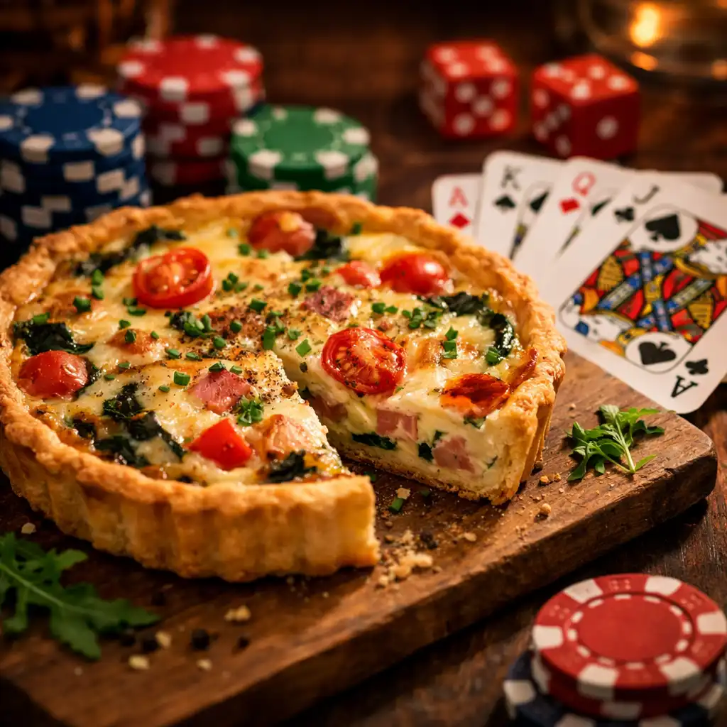 Slaný koláč na dřevěném prkénku s pokerovými žetony a kartami jako dekorací