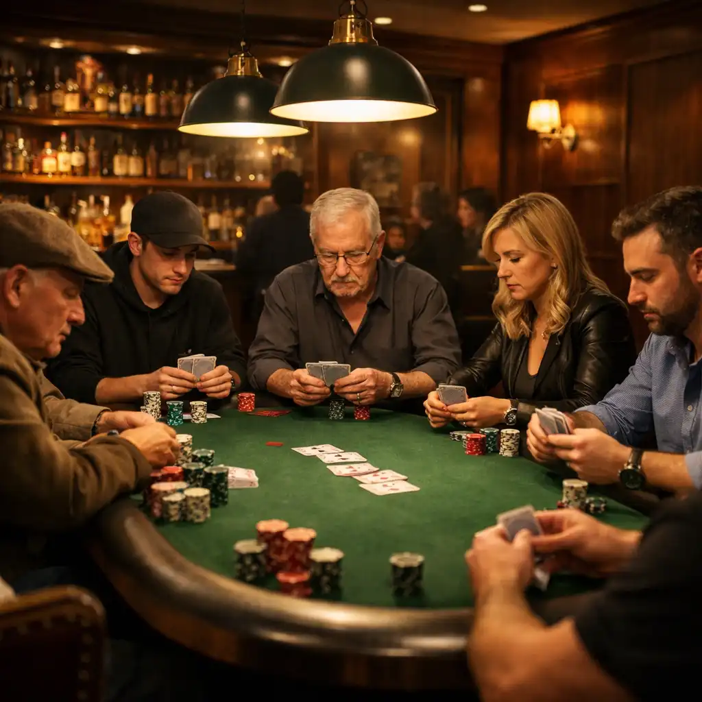 Celkový pohled na Poker Room během hry s hráči u stolu a teplým osvětlením