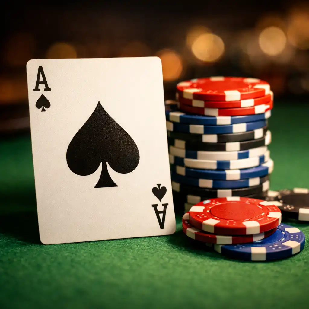 Detail pokerových karet a žetonů na stole