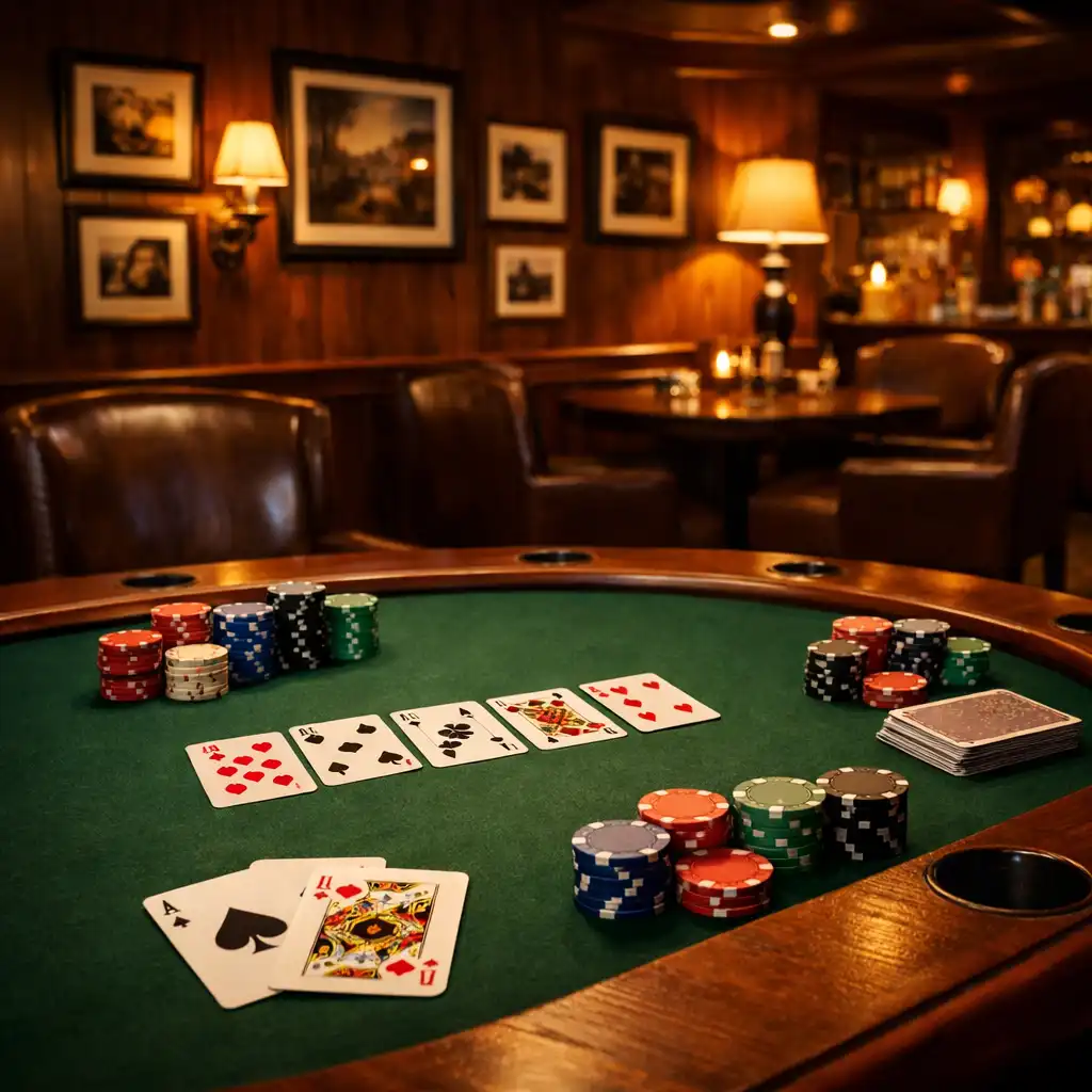Interiér útulné Poker Room s dřevěným pokerovým stolem, kartami a žetony v teplém osvětlení