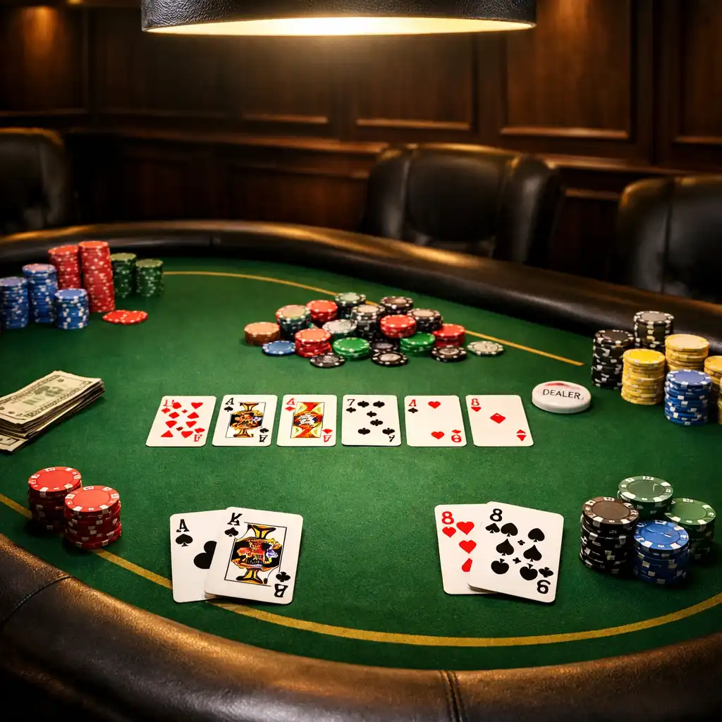 Profesionální pokerový stůl s kartami a žetony v Poker Room