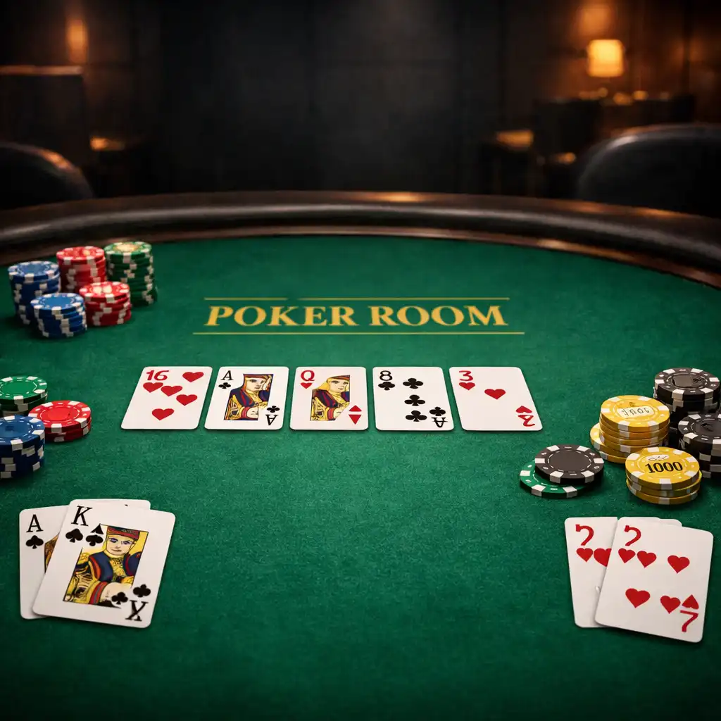 Pokerový stůl se zeleným plátnem, kartami a žetony v tmavé místnosti