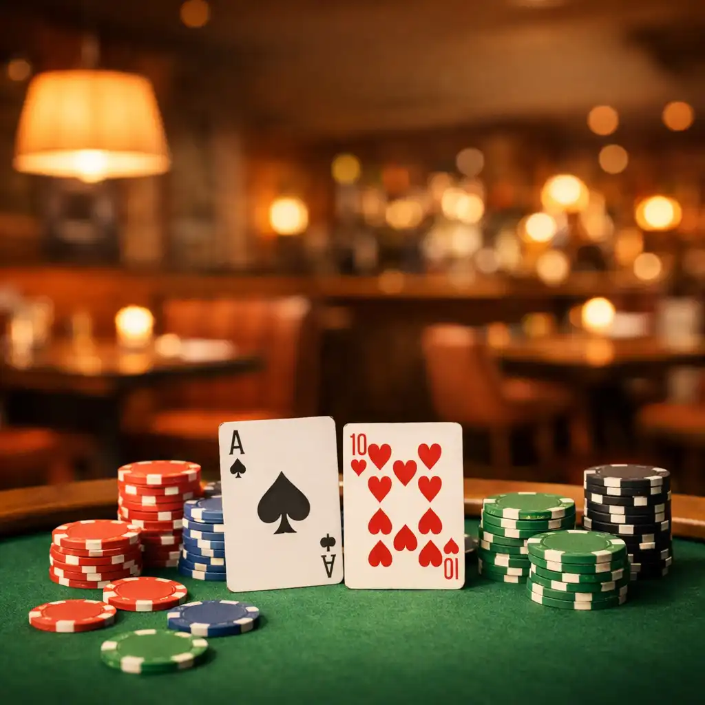 Pokerový stůl s kartami a barevnými žetony v útulné restauraci s teplým osvětlením
