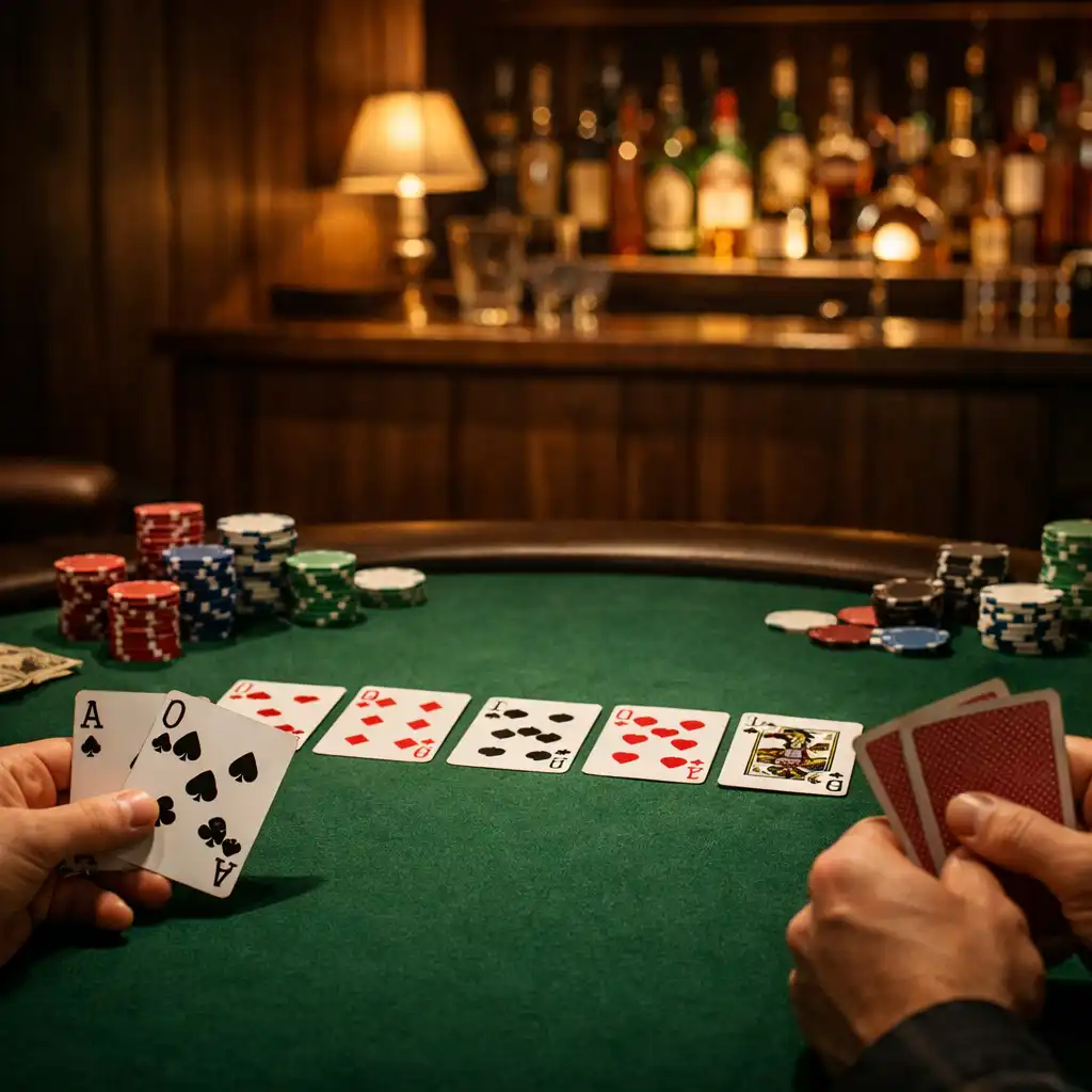Pokerový stůl se zeleným plstěným povrchem, rozloženými kartami a hromádkami žetonů
