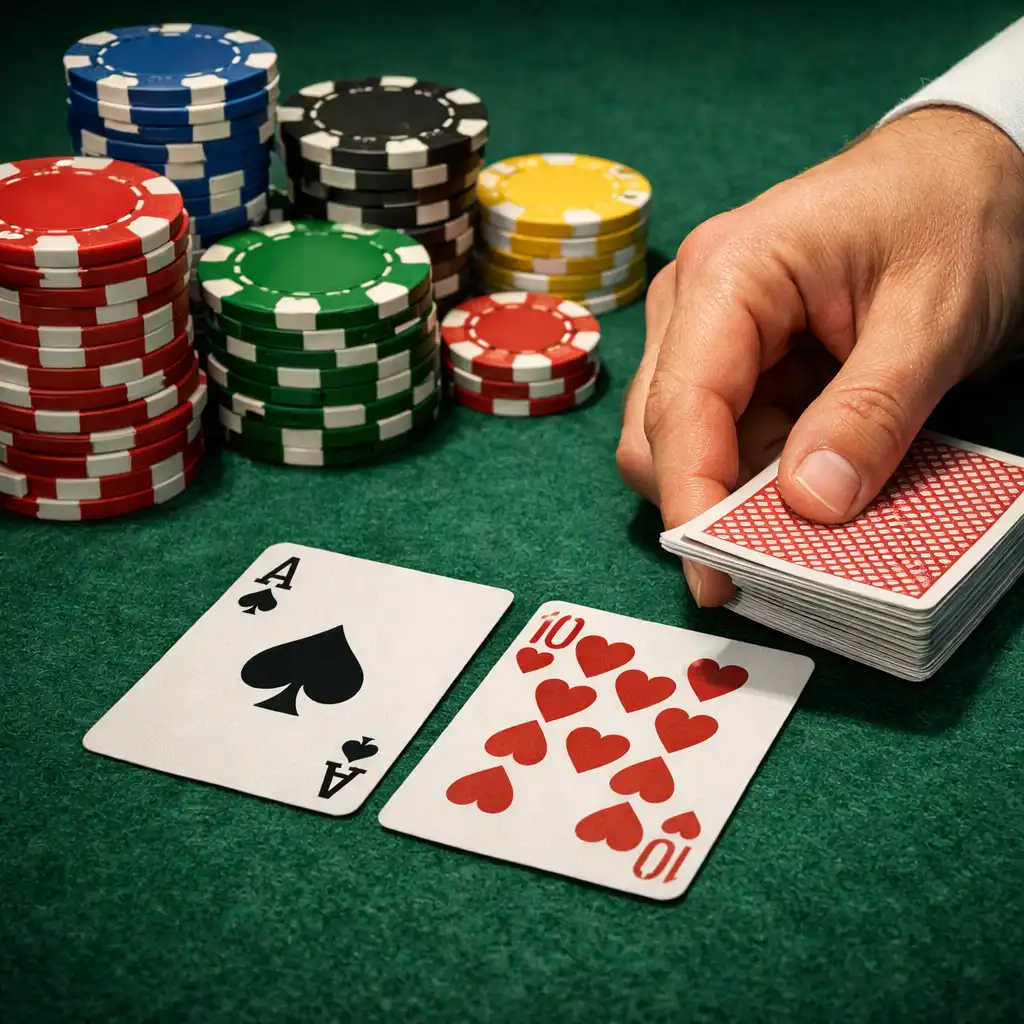 Detail pokerového stolu s tmavě zelenou plstí, hromádkami žetonů a balíčkem karet