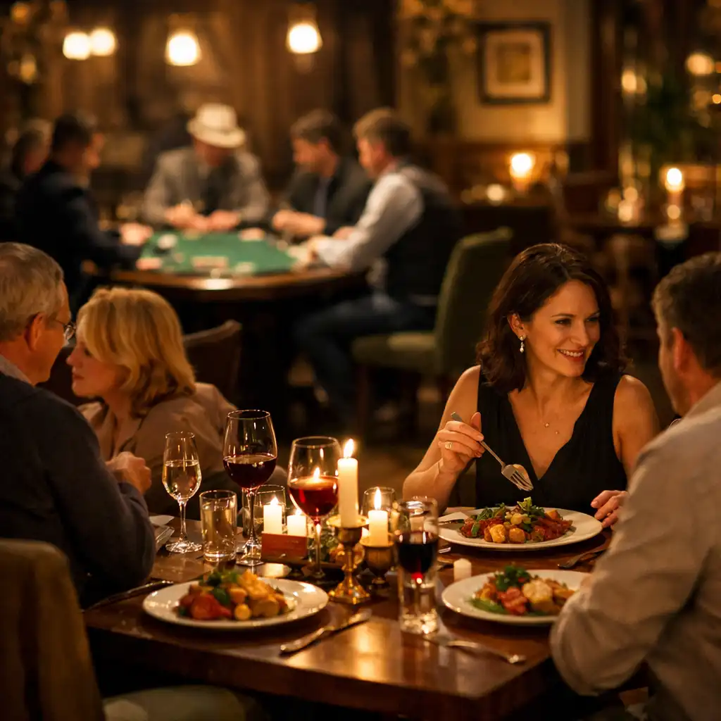 Atmosféra restaurace během večera s hosty, svíčkami a jídlem