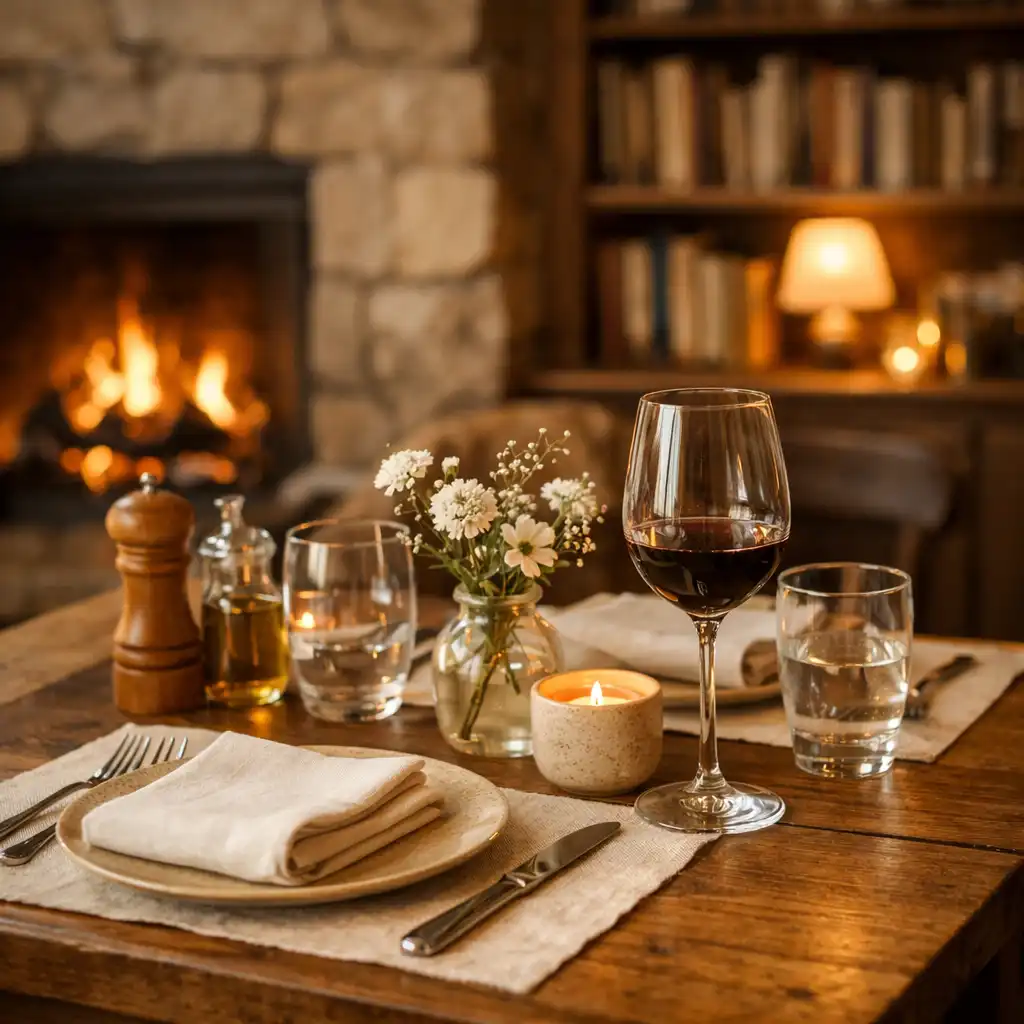 Detail útulného interiéru restaurace s dřevěným stolem, prostřením a teplým osvětlením