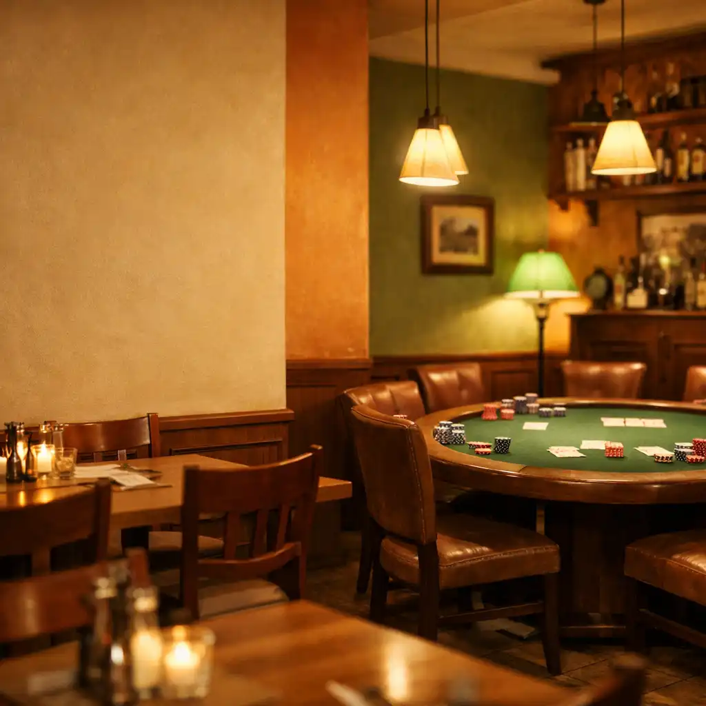 Útulný interiér restaurace Lahodný Domek s pokerovým stolem v pozadí