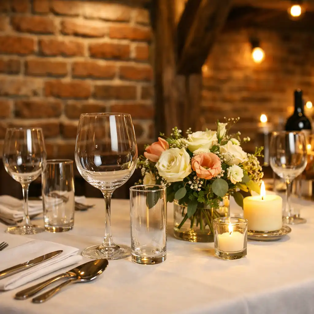 Prostřený stůl v restauraci Lahodný Domek s bílým ubrusem, sklenicemi a květinovou výzdobou